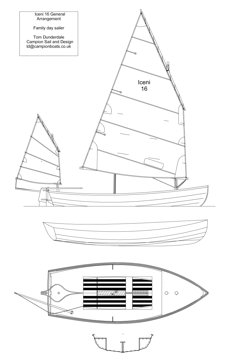 Study sail and layout plan for the Iceni 16: a lug rigged, centre-board home-build dinghy for day sailing.